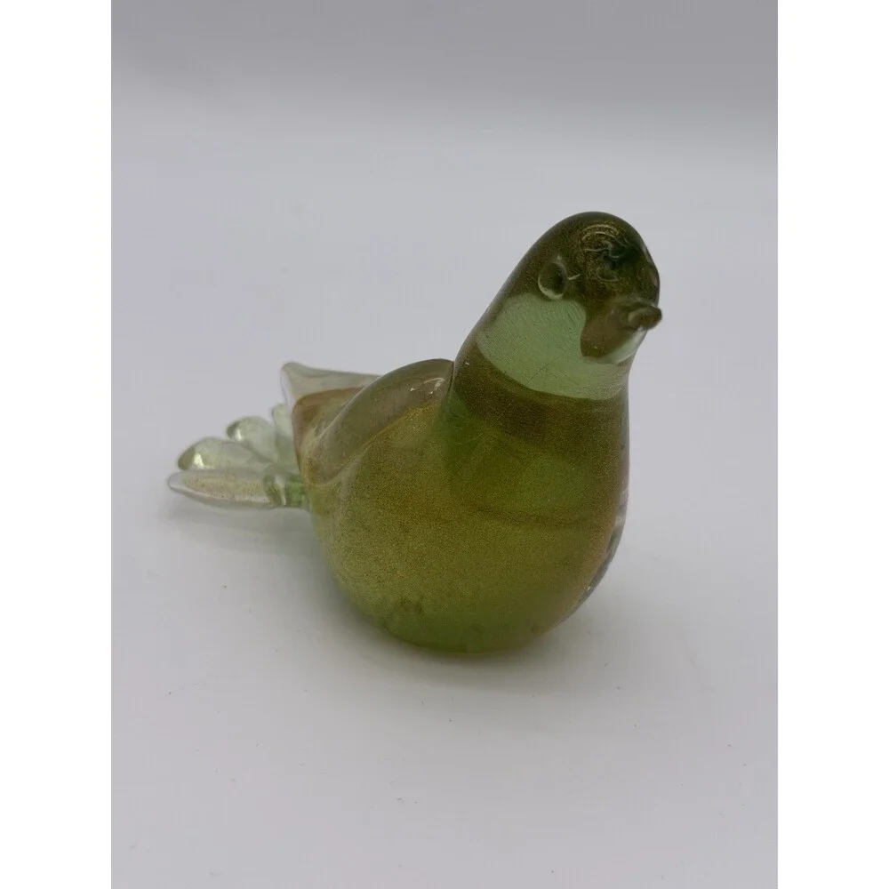 Formia Murano Italy Art Glass Green & Gold Flecked Bird Hand Blown Figurine